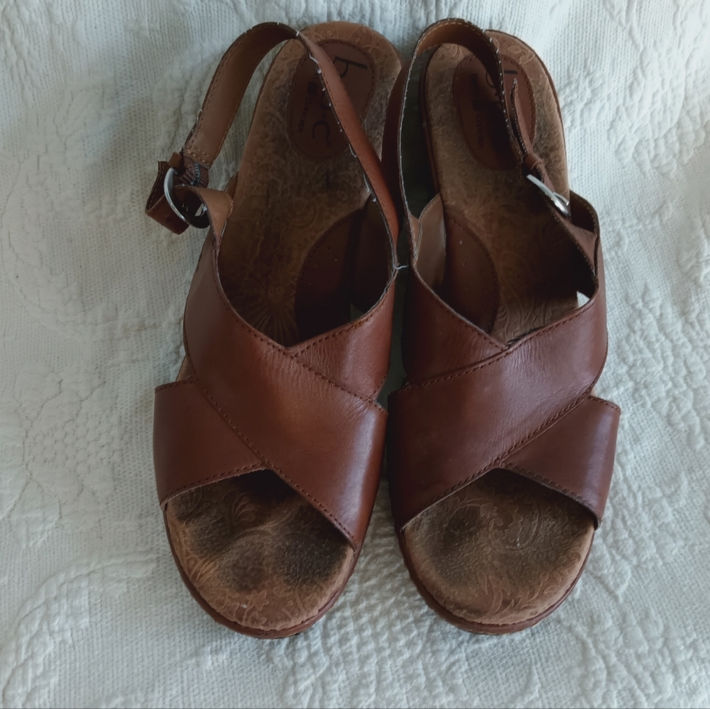 boc Tan Leather Wedge Sandals Wide Straps Platform Boho School Buckle Floral 11 - Picture 2 of 13